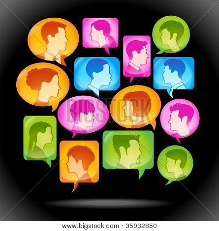 icono de la burbuja de voz con cabezas de la gente. Ilustración vectorial del concepto de comunicación popular
