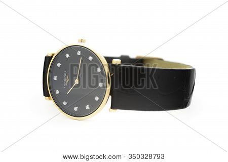 Saint-imier, Switzerland, 2.02.2020 - Longines Automatic Watch Leather Strap Isolated White Table Ba