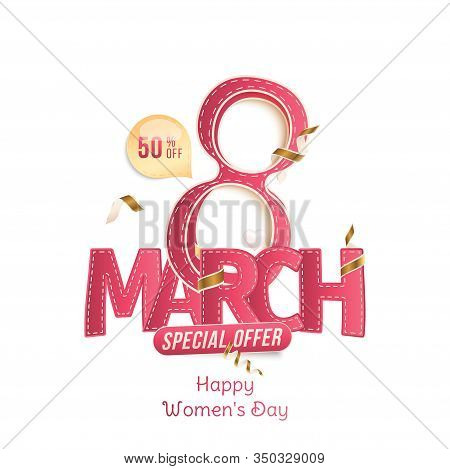 Super Sale With Special Offer 50 For 8 March International Women's Day. Greeting Card With Shining G