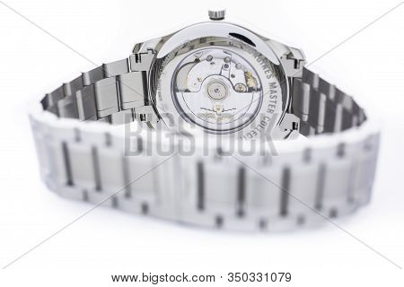 Saint-imier, Switzerland, 2.02.2020 - Longines Silver Steel Body With Bracelet Watch Close-up, Blue 