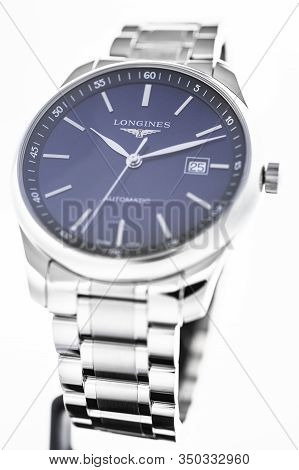 Saint-imier, Switzerland, 2.02.2020 - Longines Silver Steel Body With Bracelet Watch Close-up, Blue 