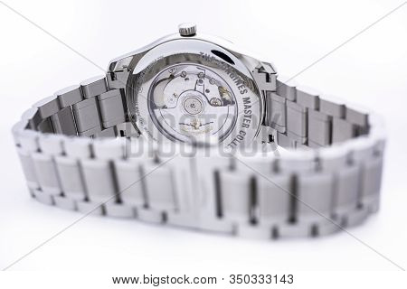 Saint-imier, Switzerland, 2.02.2020 - Longines Automatic Silver Steel Body With Bracelet Watch Close