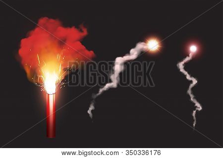 Burn Red Gun Flare, Sos Fire Light Signal For Emergency On Road Or Sea. Glowing Torch With Sparks An