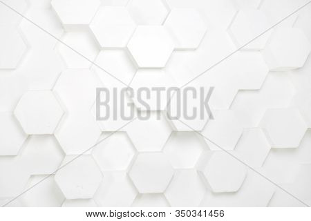 White Wall Of Hexagonal Polygons, Monochrome Contrasting Hexagonal Surface Of The Wall Texture. Abst
