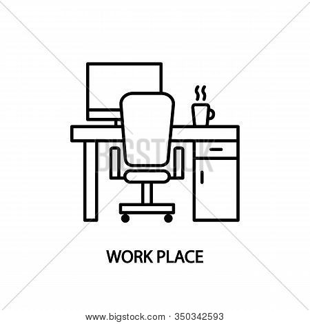 Work Place Line Icon. Desk With Computer And A Cup Of Coffee. Concept For Web Banners And Printed Ma