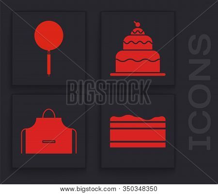 Set Brownie Chocolate Cake , Frying Pan , Cake And Kitchen Apron Icon. Vector