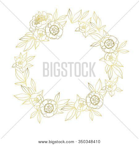 Round Wreath Of Gold Linear Flowers And Leaves