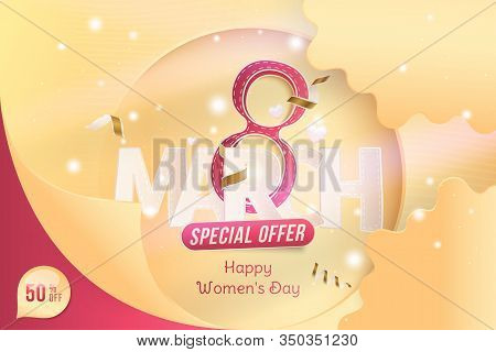 8 March International Women's Day. Super Sale With 50 Special Offer. Greeting Card With Shining Glit