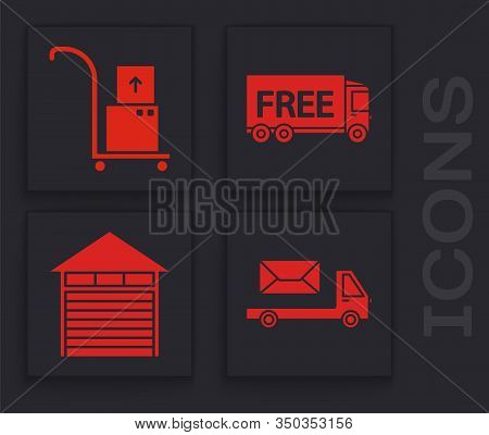 Set Post Truck , Hand Truck And Boxes , Free Delivery Service And Closed Warehouse Icon. Vector
