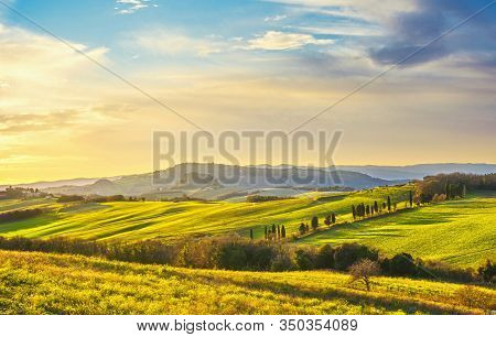Volterra Panorama, Rolling Hills, Green Fields And White Road. Tuscany, Italy Europe.