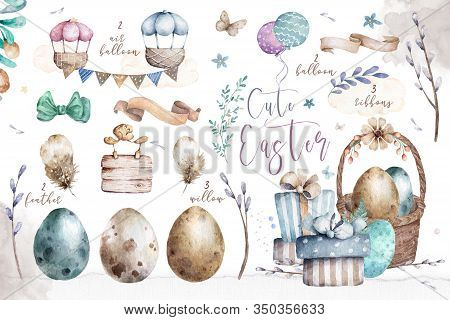 Vintage Design Elements For The Easter Holiday. Easter, Eggs, Flowers, Basket, Feather, Butterflies.