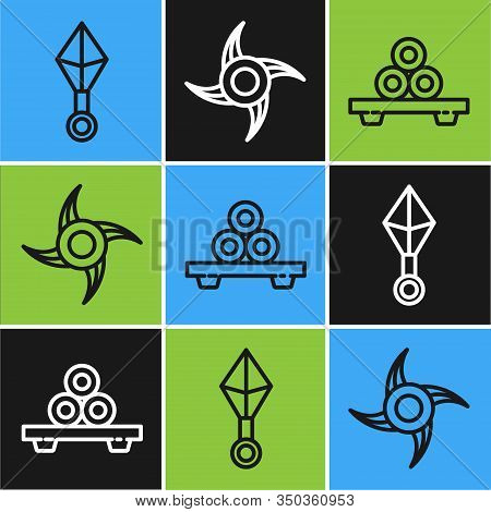 Set Line Japanese Ninja Shuriken, Sushi On Cutting Board And Japanese Ninja Shuriken Icon. Vector