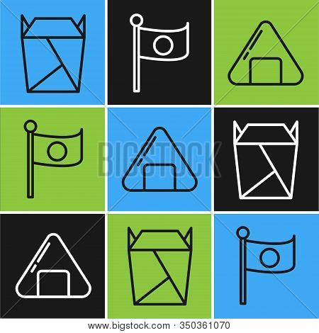 Set Line Rstaurant Opened Take Out Box Filled, Sushi And National Flag Of Japan On Pole Icon. Vector