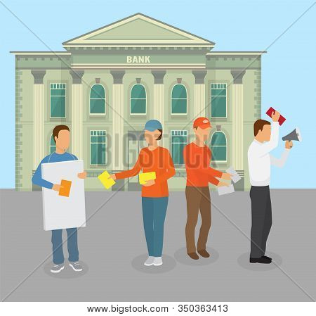 Protesting People Group In Picket In Front Of Bank Building Facade Vector Illustration. Demonstratio
