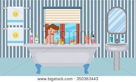 Bathroom Interior With Sink, Mirror, Hygiene Items And Bathing Boy Vector Illustration Flat. Cheerfu