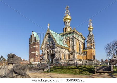 Russian Chapel On The Mathildenhoehe In Darmstadt, Germany With Wedding Tower