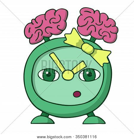 Green Old Alarm Clock Girl With Brains On The Head Instead Of A Bell. Smart Watch. White Background 
