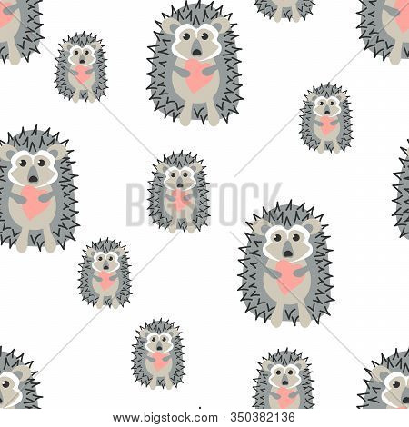 Cute Hedgehog Holding A Pink Heart. Seamless Pattern. Cartoon Animal In Flat Style. Hand Drawn Vecto