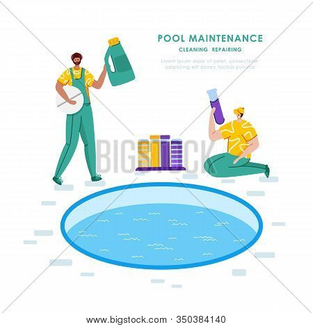 Swimming Pool Maintenance Or Cleaning Service, Two Men In Uniform Clean, Chlorinate Swimming Pool An
