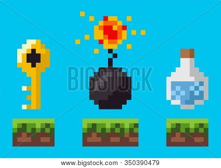 Treasure Symbols On Ground, Key And Bombshell, Flask On Grass, Award Sign Of Pixel Adventure Game, F