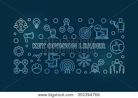 Key Opinion Leader Blue Linear Horizontal Banner - Vector Kol Concept Outline Illustration