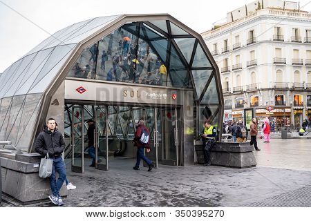 Madrid, Spain - January 25, 2020: Sol Metro Station Entrance Near Plaza Mayor  Puerta Del Sol Square