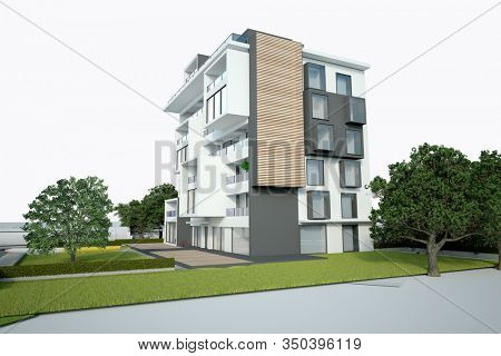 3D rendering of a modern appartment building with garden and bluepriints on the background