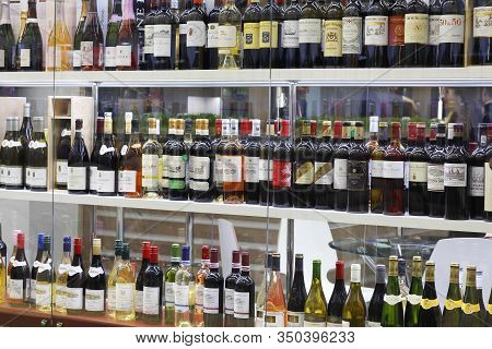 Moscow, Rf, 02.10.2020: Wine Bar With Bottles Of Wine. Many Different Bottles Of Wine And Champagne.