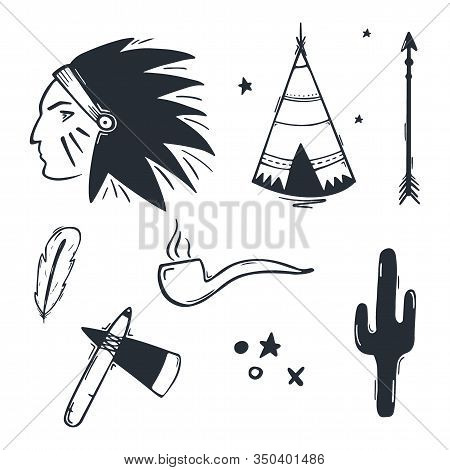 Native American Indian Hand Draw Doodle Elements.