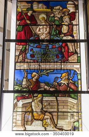 Troyes, France - August 31, 2018: Exhibition Of Beautiful Stained Glass Windows At Cite Du Vitrail I