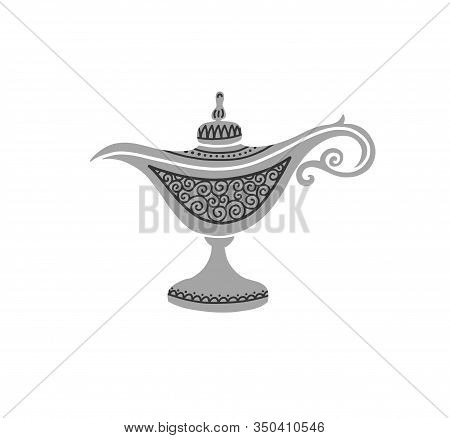Traditional Old Arabic Genie Oil Lamp, Hand Drawing Aladdin Magic Lamp Isolated On White