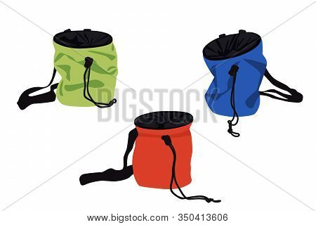 Set Of Chalk Bags For Rock Climbing Isolated On White Background. Vector Illustration.