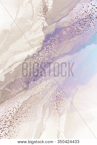 Hologram Violet Blue And Pastel Gold Ripple Pattern. Golden Powder Marble Liquid Texture. Soft Holo 