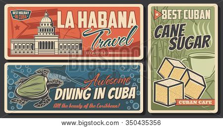 Cuba And Havana Travel Retro Banners. Cuban Flag And National Capitol Building Vector Design With Ca
