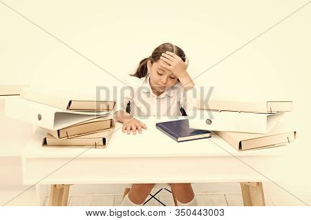 Exhausted Girl With Workbook And Folders. Education. Boring Lesson. Towards Knowledge. Small Girl On