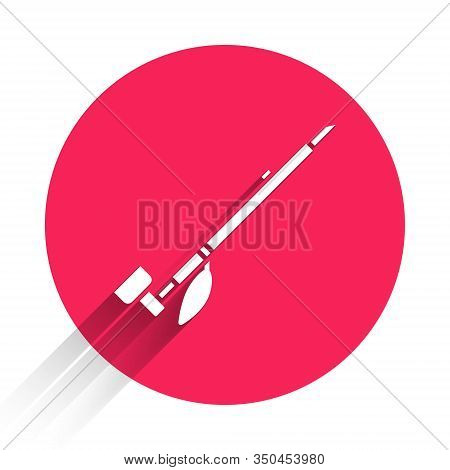 White Native American Indian Smoking Pipe Icon Isolated With Long Shadow. Red Circle Button. Vector 