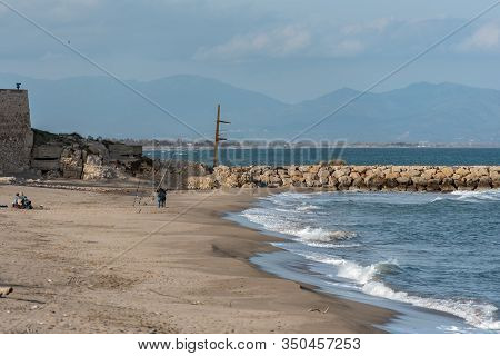Platja De Les Muscleres In La Escala Behind The Ruins Of Empuries, In The Province Of Giron, Catalon
