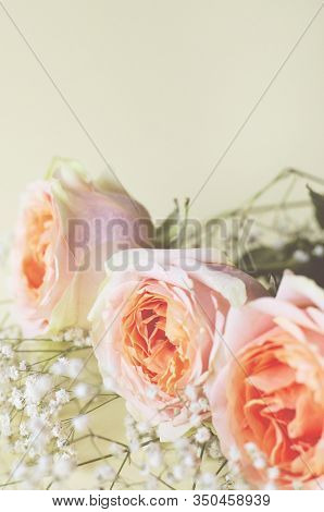 Floral Arrangement Of Roses And Small White Flowers. Vertical Photo. Selective Focus.