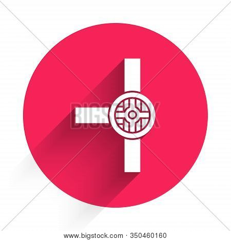 White Industry Metallic Pipes And Valve Icon Isolated With Long Shadow. Red Circle Button. Vector Il