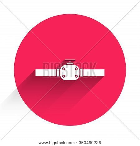 White Industry Metallic Pipes And Valve Icon Isolated With Long Shadow. Red Circle Button. Vector Il
