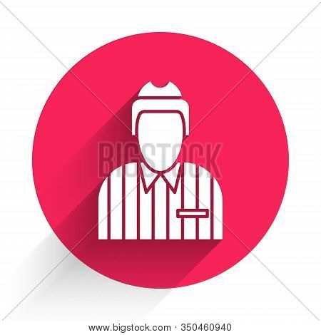 White Hockey Judge, Referee, Arbiter Icon Isolated With Long Shadow. Red Circle Button. Vector Illus