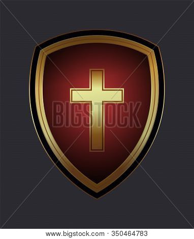 Christian Cross And Shield Of Faith. Church Logo. Religious Symbol. Creative Christian Icon