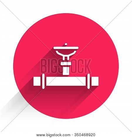 White Industry Metallic Pipe And Valve Icon Isolated With Long Shadow. Red Circle Button. Vector Ill