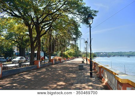 Side Walk Along The Mandovi River In Goa With Beautiful Trees Beside The Road