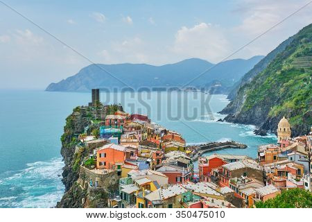 Vernazza village popular tourist destination in Cinque Terre National Park a UNESCO World Heritage Site, Liguria, Italy on sunset view from south