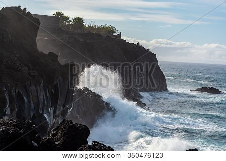 Dangerious Ocean Stormy Waves Hits Black Lava Rocks On La Palma Island, Canary, Spain, Bad Winter We