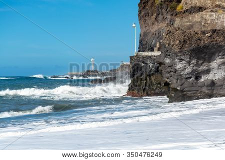 Black Lava Sand Beach In Puerto Naos, La Palma, Canarian Islands, Spain In Winter