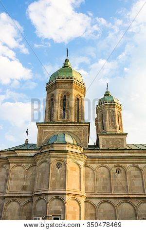 Close Up Of Orthodox Church With Old Architecture On Beautiful Sky.