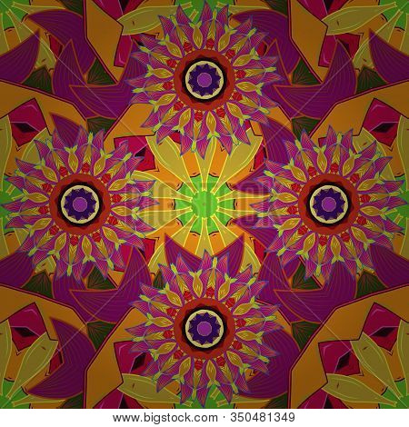 Flat Flower Elements Design. Flowers On Orange, Yellow And Purple Colors. Cute Flower Vector Pattern