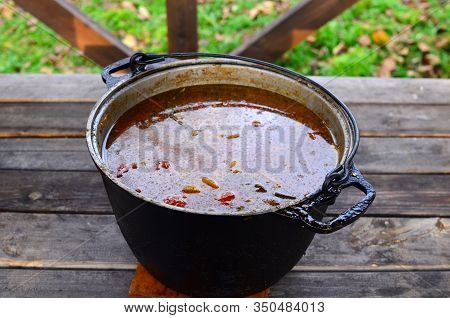 Rabo De Toro Or Oxtail Stew Soup In Cooking Pot With Chili Pepper, Garlic And Thyme. Kitchen Towel O